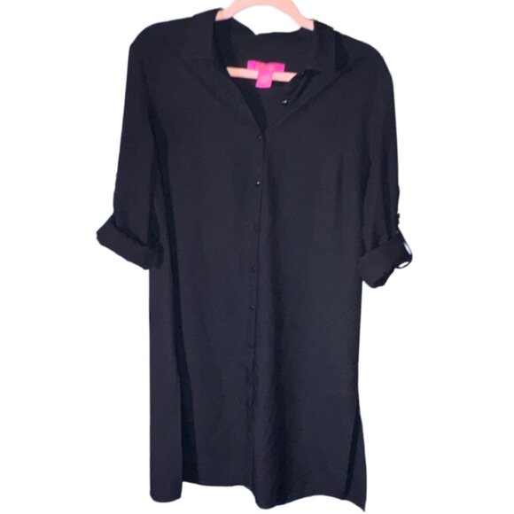 Catherine Malandrino Black Shirt Dress L Collared Button Front Roll Tab Sleeve - Picture 6 of 11